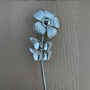 Vintage Silver Tone Flower Stem Brooch Mid Century Floral Pin 2.5”
